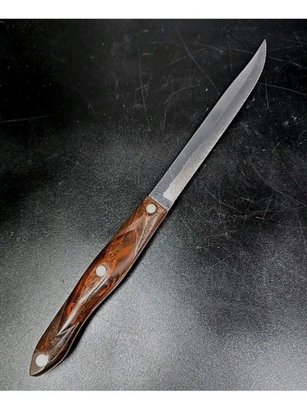 Cutco Brown Orange Swirl 1729 Vtg  USA Serrated Knife Marble Design MCM